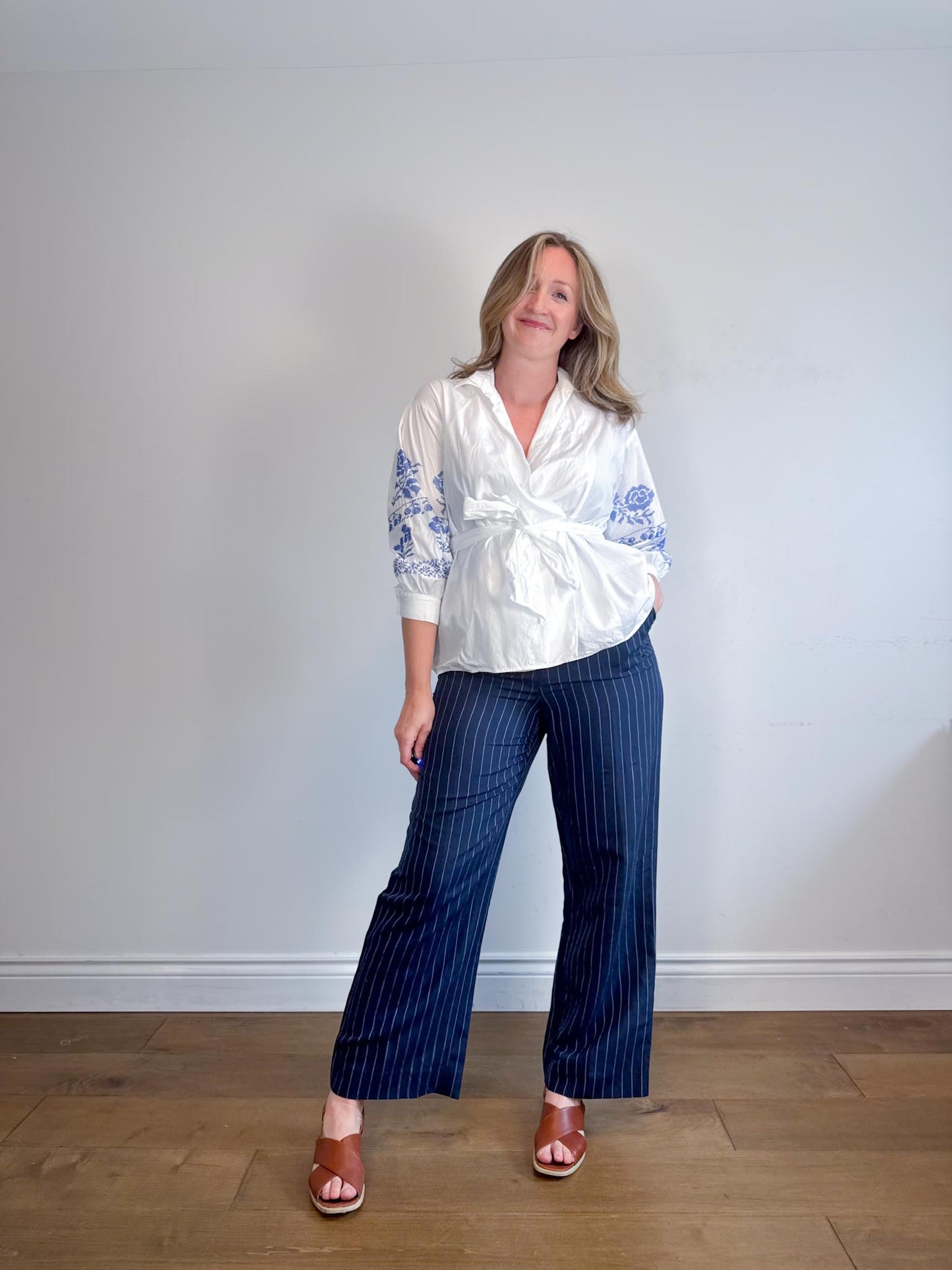 Weekend Max Mara"Embroidered Wrap Blouse in White/Blue" (Size L)