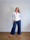 Weekend Max Mara"Embroidered Wrap Blouse in White/Blue" (Size L)