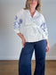 Weekend Max Mara"Embroidered Wrap Blouse in White/Blue" (Size L)