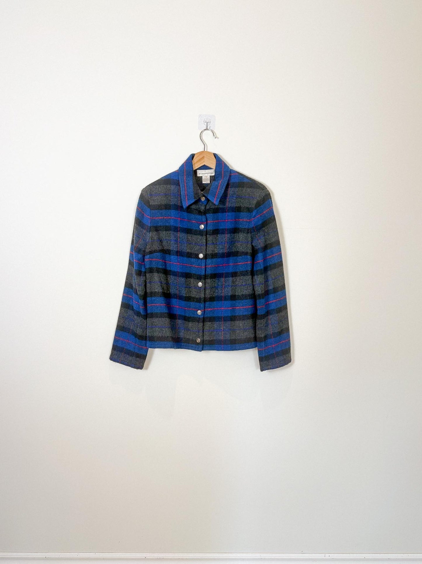 Vintage Plaid Wool Cropped Shacket in Blue/Grey (Size M)