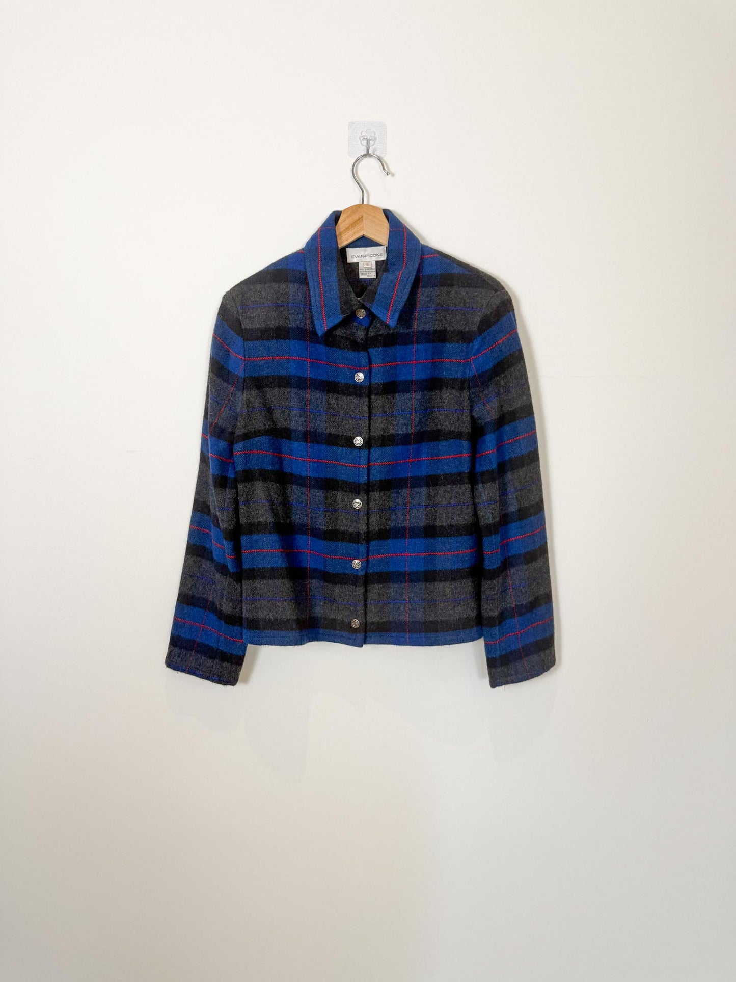 Vintage Plaid Wool Cropped Shacket in Blue/Grey (Size M)