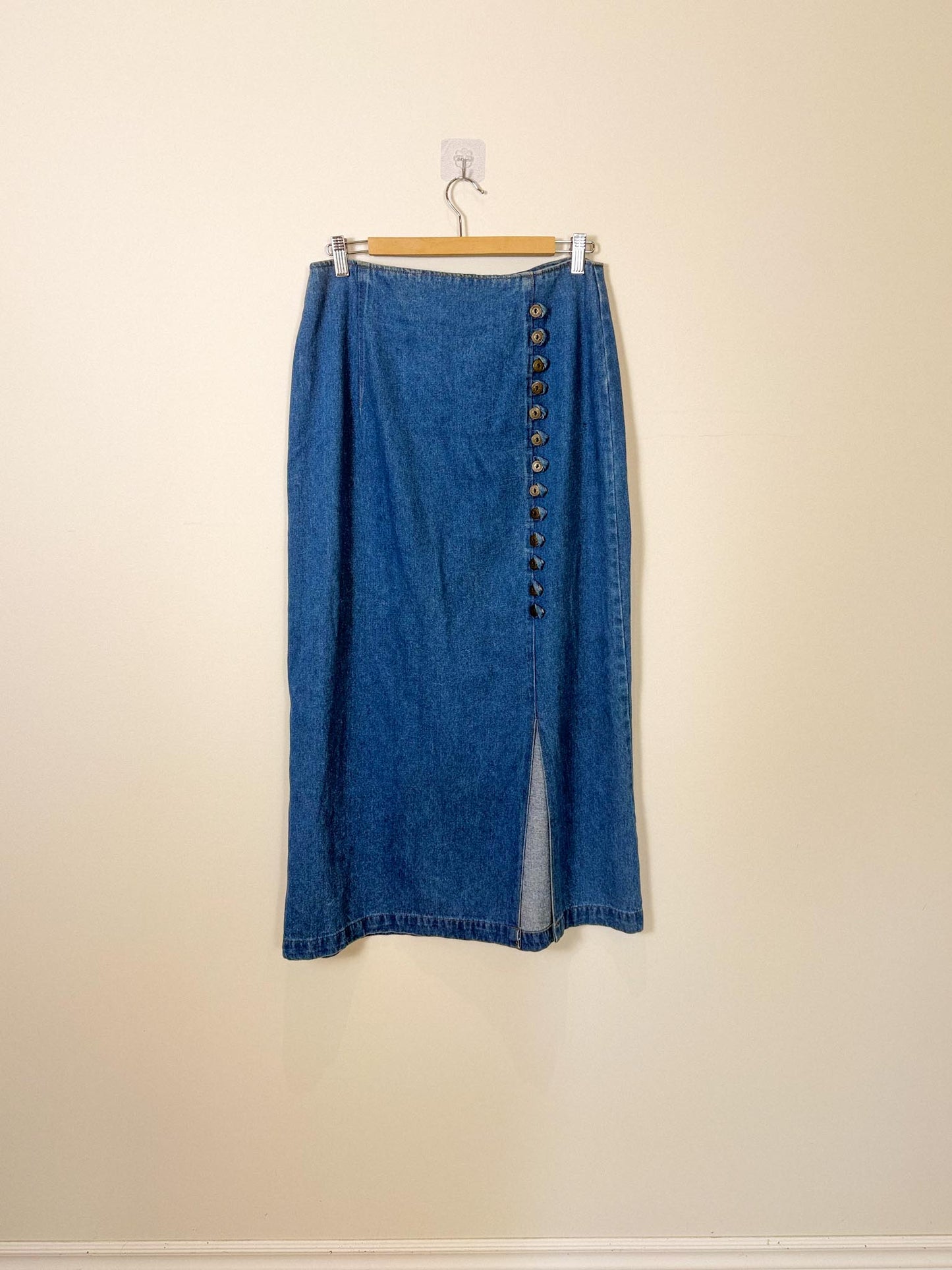 Vintage Midi Denim Skirt with Button Detail (Size L/XL)