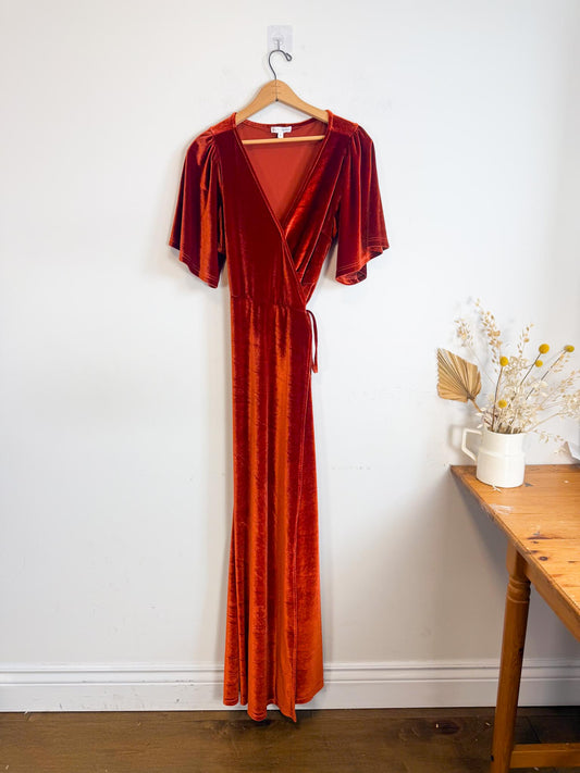 BALTIC BORN "Meghan Velvet Wrap Maxi Dress" in Rust (Size L)