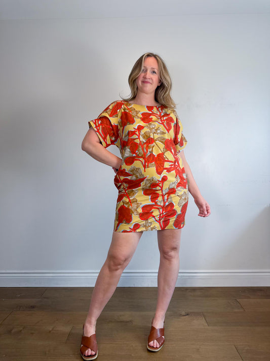 COS "Printed Roll-Sleeved Dress in Red/Yellow Floral" (Size M/L)