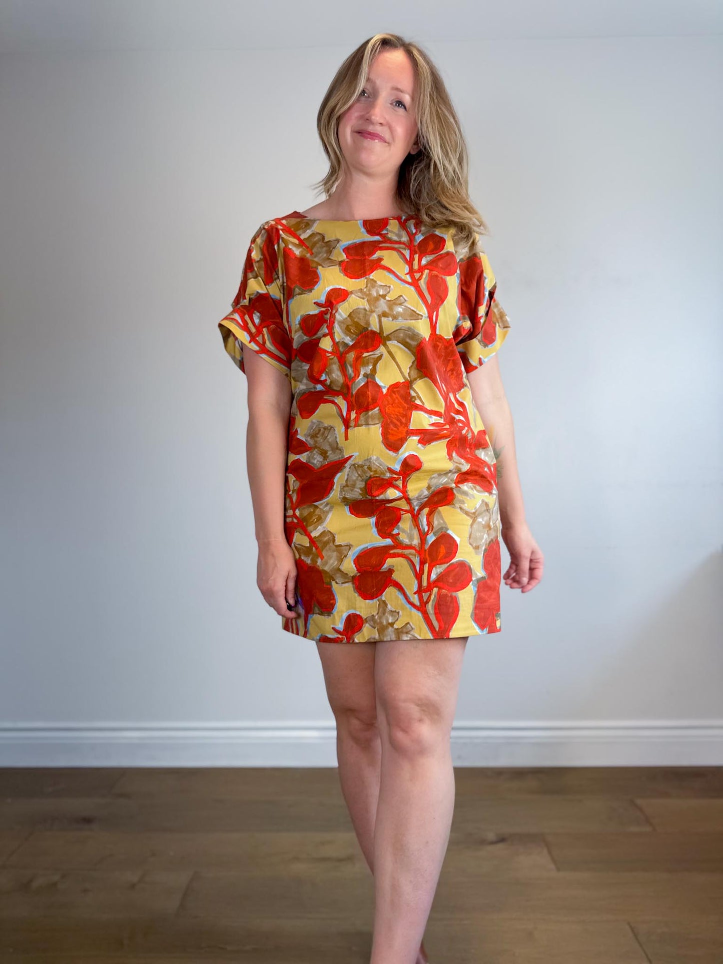 COS "Printed Roll-Sleeved Dress in Red/Yellow Floral" (Size M/L)
