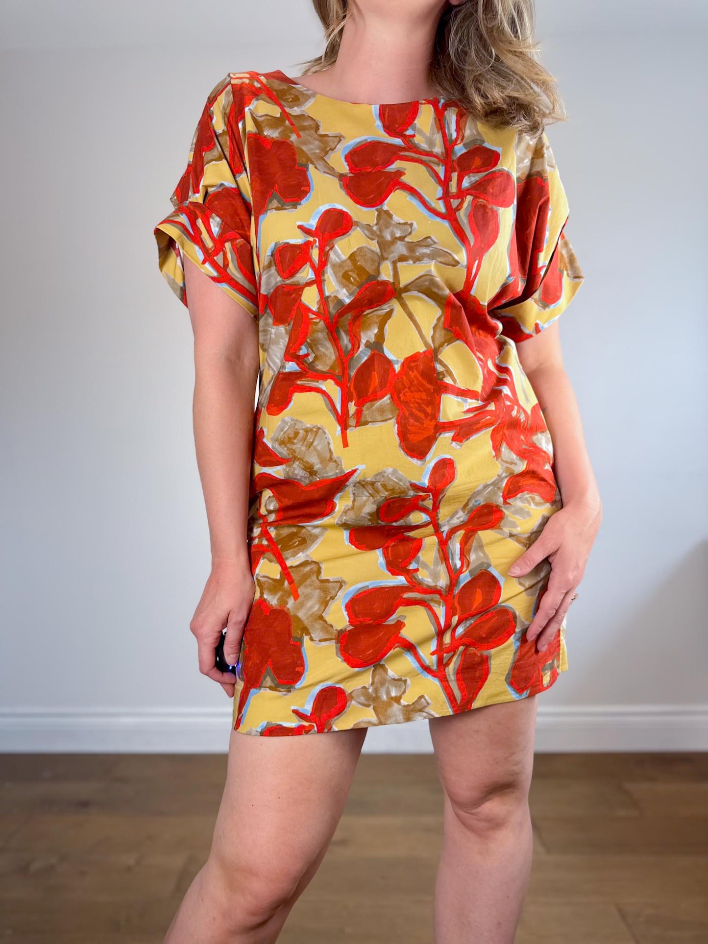COS "Printed Roll-Sleeved Dress in Red/Yellow Floral" (Size M/L)