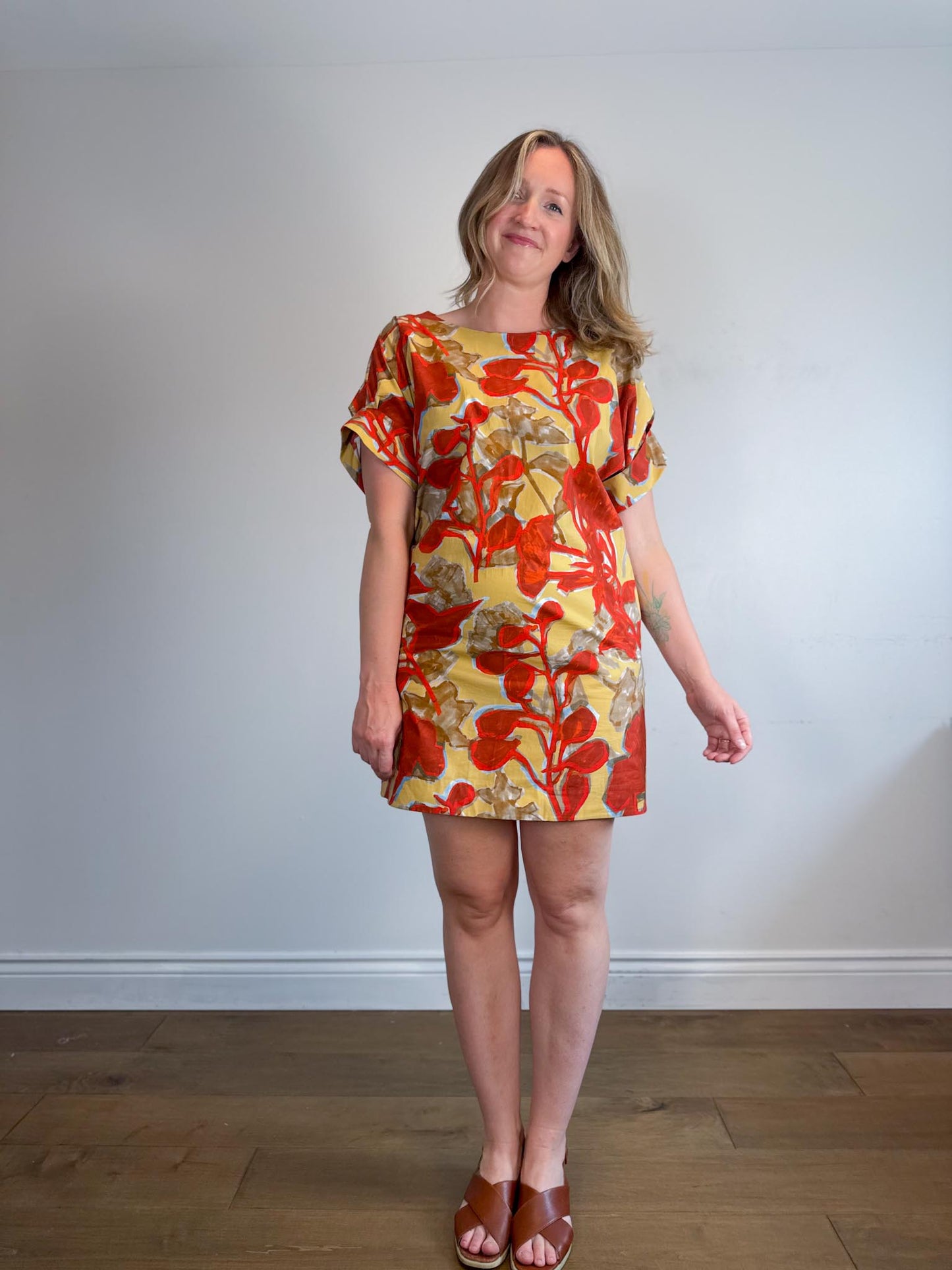 COS "Printed Roll-Sleeved Dress in Red/Yellow Floral" (Size M/L)