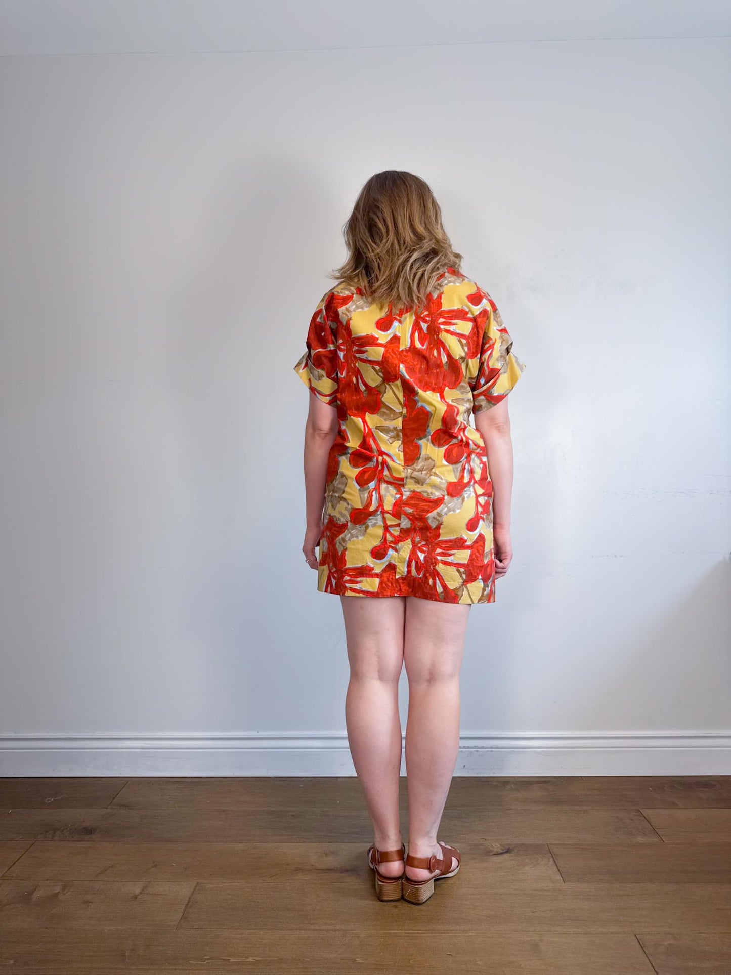 COS "Printed Roll-Sleeved Dress in Red/Yellow Floral" (Size M/L)
