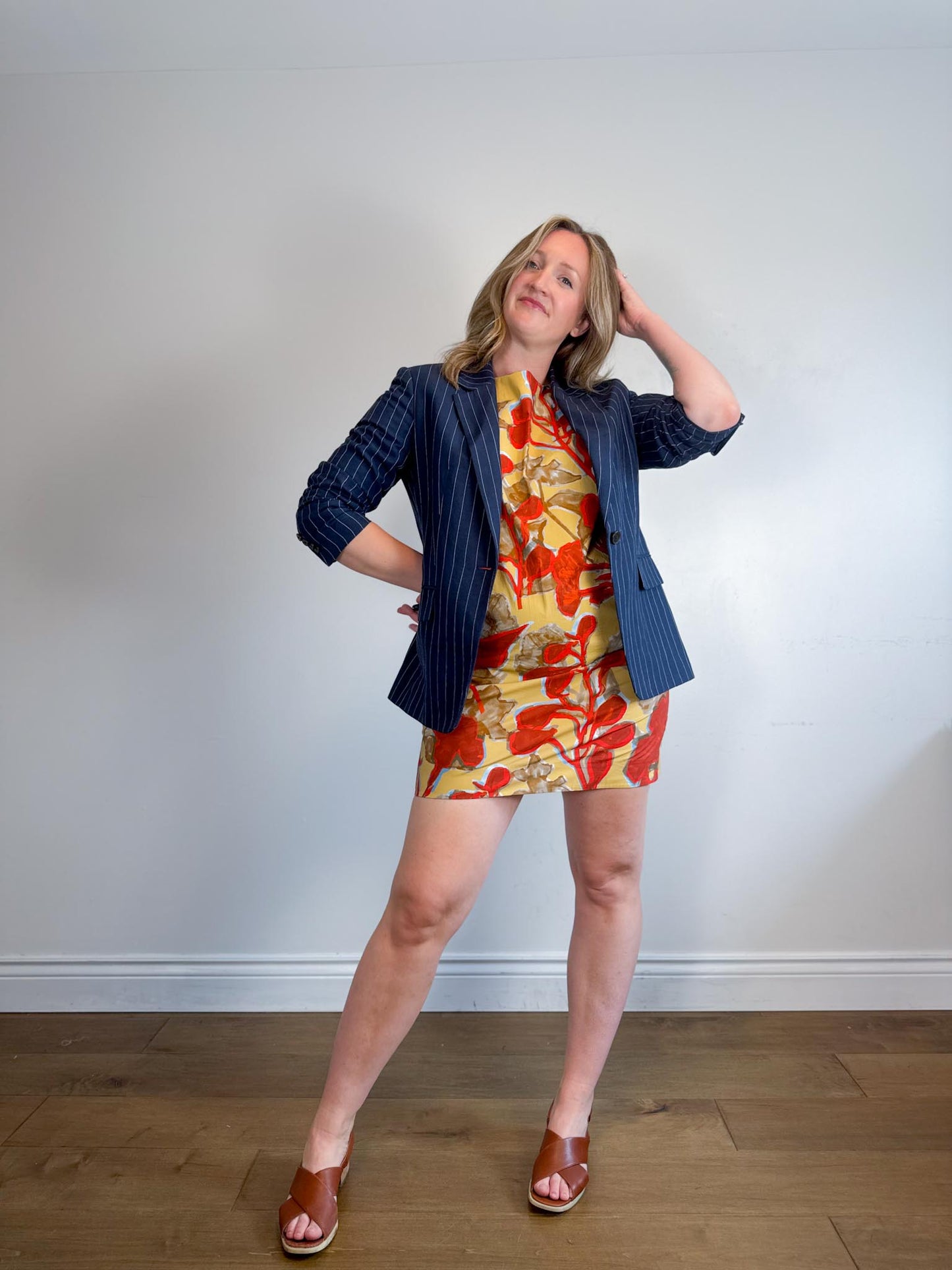 COS "Printed Roll-Sleeved Dress in Red/Yellow Floral" (Size M/L)
