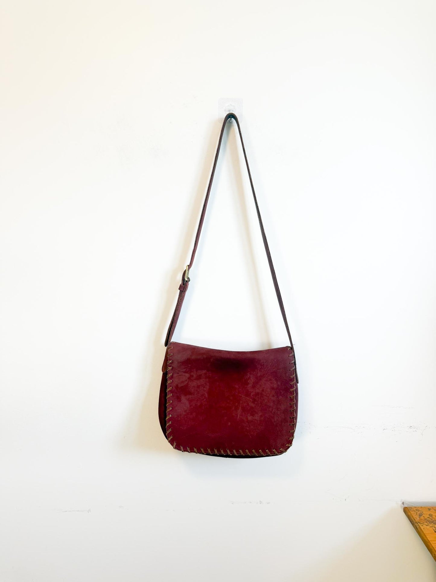 Vintage Roots Leather Crossbody Bag in Burgundy with Saddle Stitch