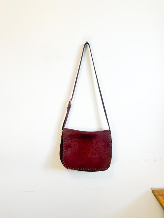 Vintage Roots Leather Crossbody Bag in Burgundy with Saddle Stitch