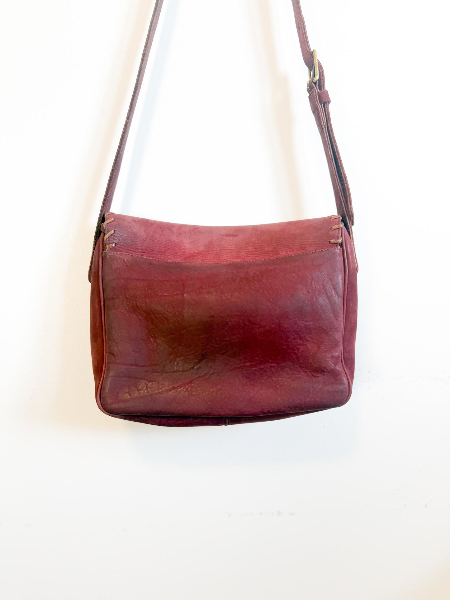 Vintage Roots Leather Crossbody Bag in Burgundy with Saddle Stitch