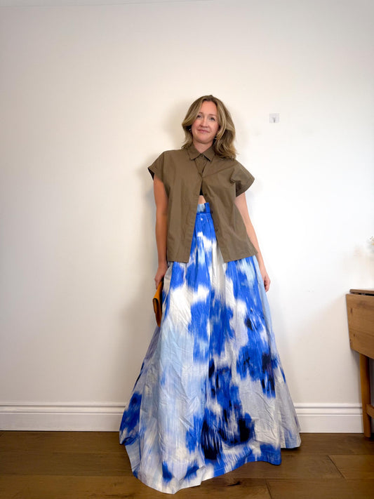 Carolina Herrera Designer "Maxi A-Line Women's Silk/Cotton Skirt in Blue/White Tie Dye" NWT (Size 12)