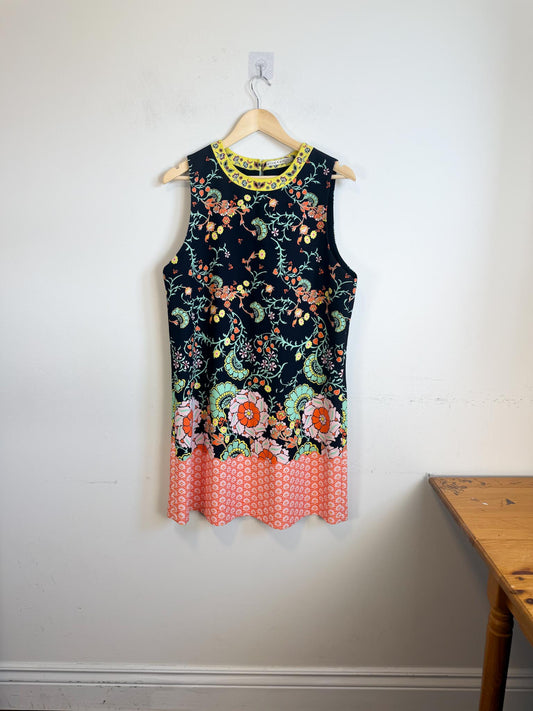 Alice + Olivia "Keaton Crewneck Mixed Floral Minidress In Black" (Size 14)