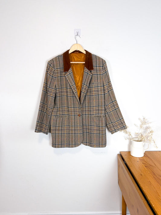 Vintage Wool Plaid Blazer with Brown Collar (Size L/XL)