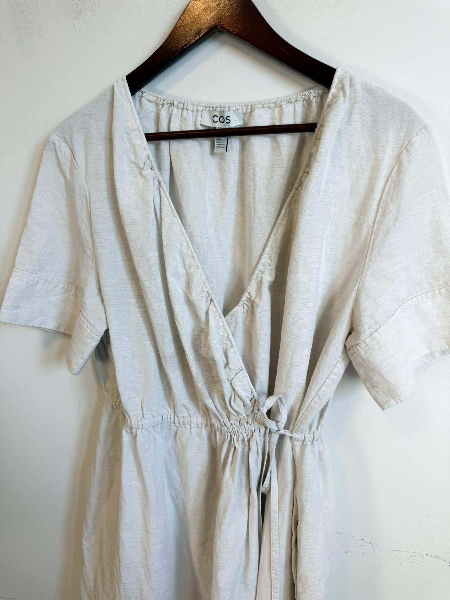 COS "Mini Linen-Blend Wrap Dress in Oatmeal" (Size S-M)  Middle Child  Vintage Shop