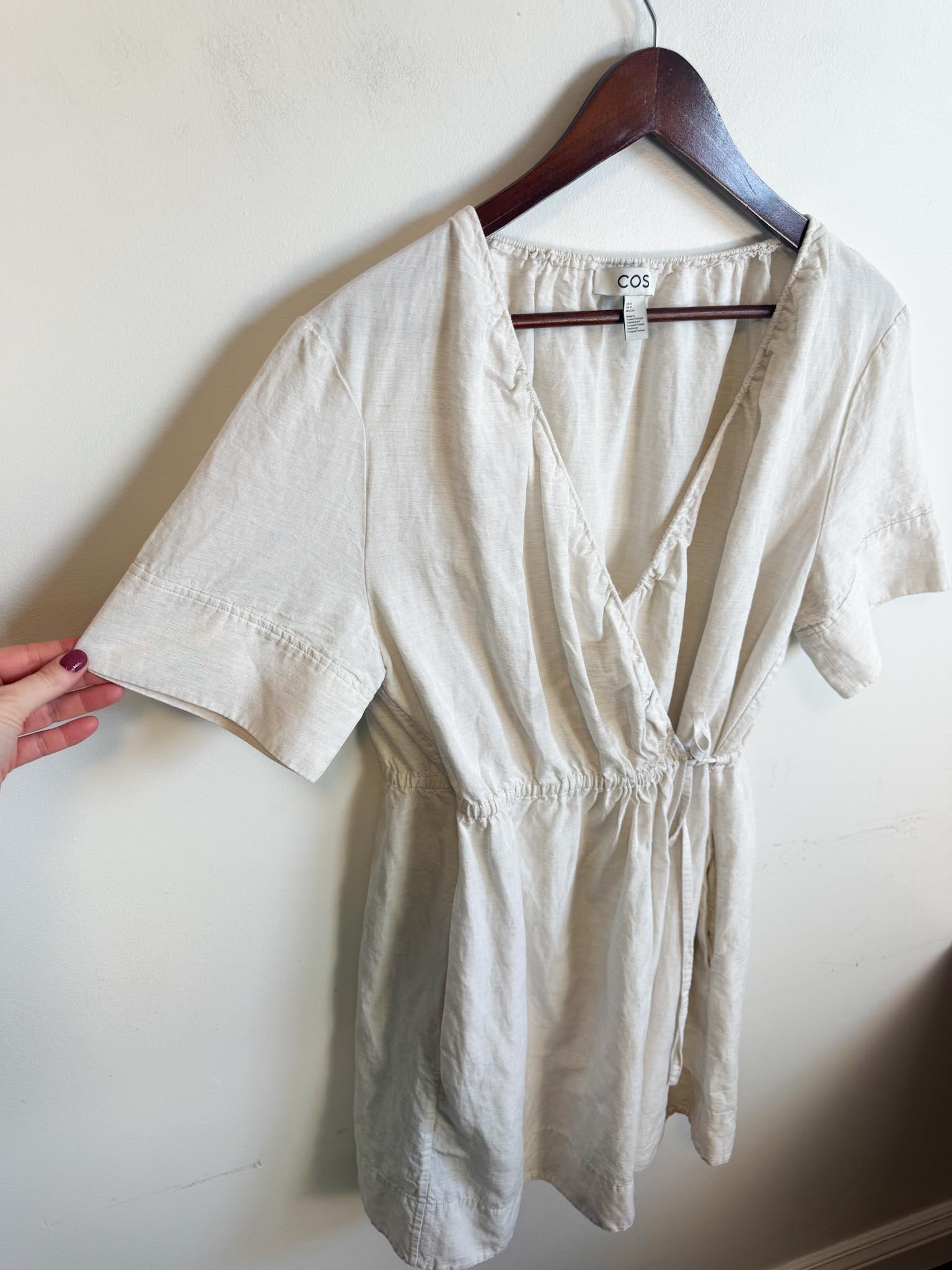 COS "Mini Linen-Blend Wrap Dress in Oatmeal" (Size S-M)  Middle Child  Vintage Shop