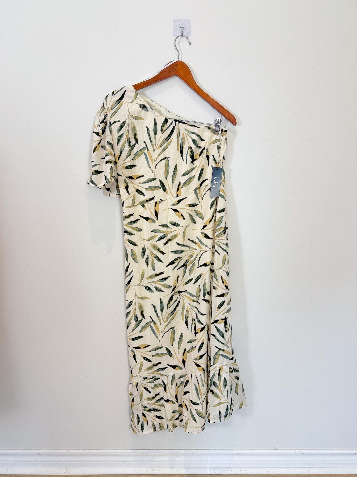 Lulus "Truly Tropic Cream Leaf Print One-Shoulder Midi Dress" NWT (Size L)
