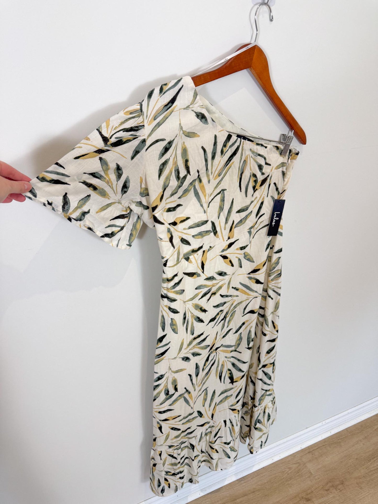 Lulus "Truly Tropic Cream Leaf Print One-Shoulder Midi Dress" NWT (Size L)