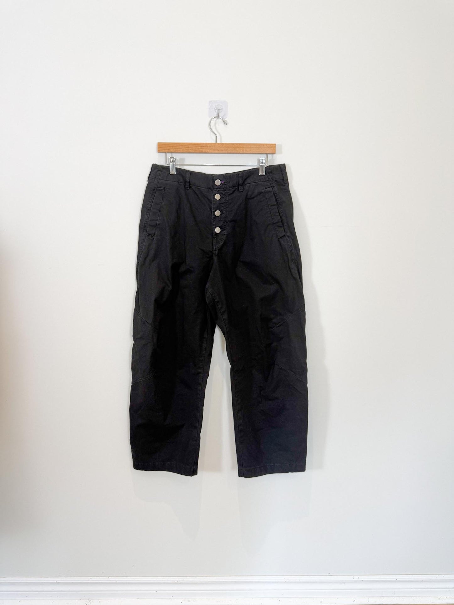 Anthropologie Pilcro "The Arin Mid-Rise Button-Front Barrel Pants in Black" (Size 31)