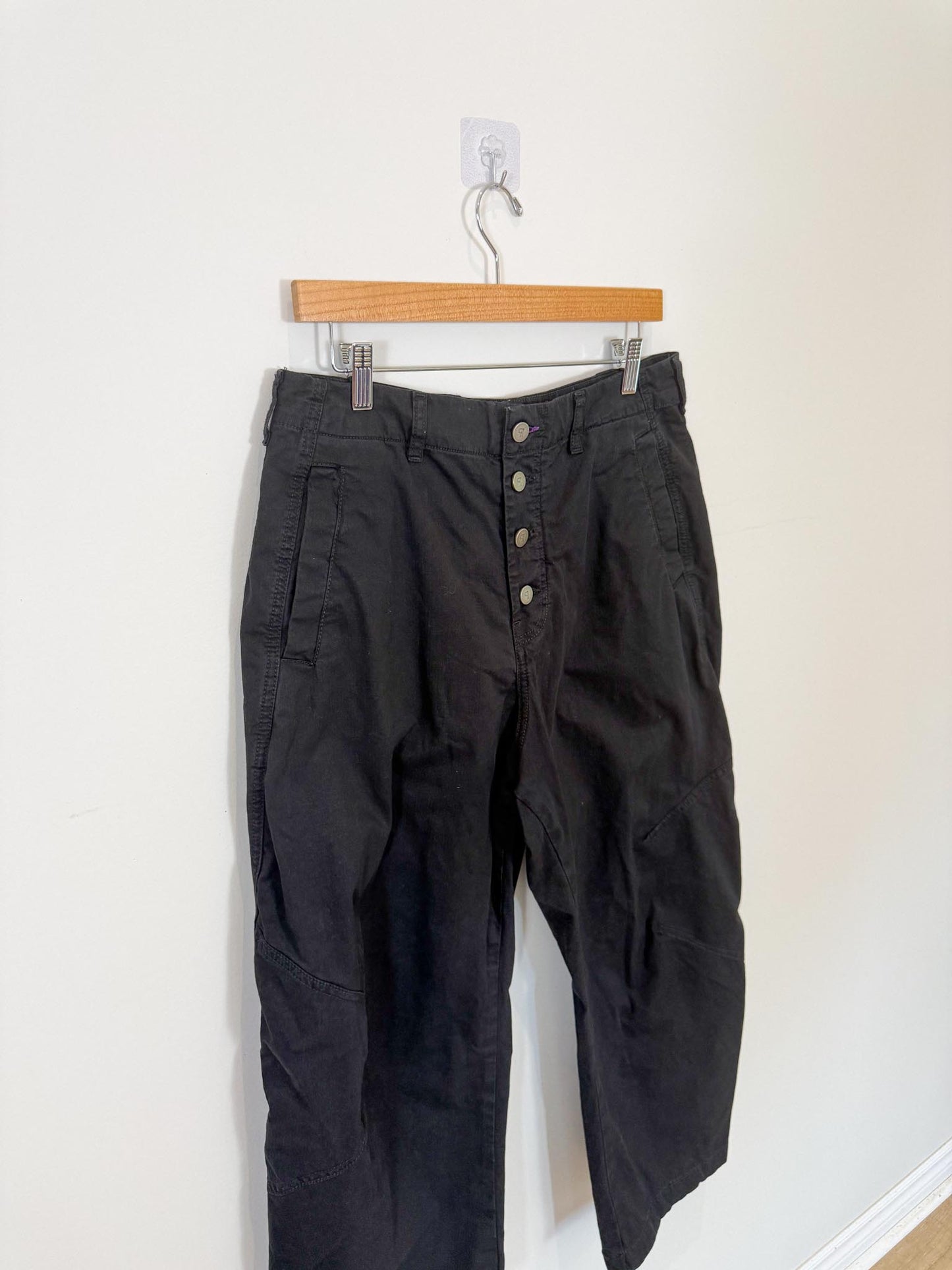 Anthropologie Pilcro "The Arin Mid-Rise Button-Front Barrel Pants in Black" (Size 31)