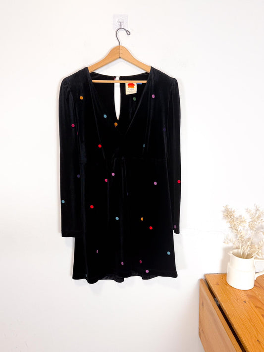 Farm Rio Embroidered Polka Dot Velvet Mini Dress in Black (Size M)