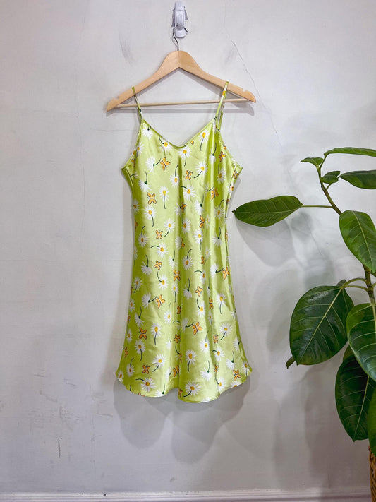 Vintage Lime Green Daisy Slip Dress (Size M/L)