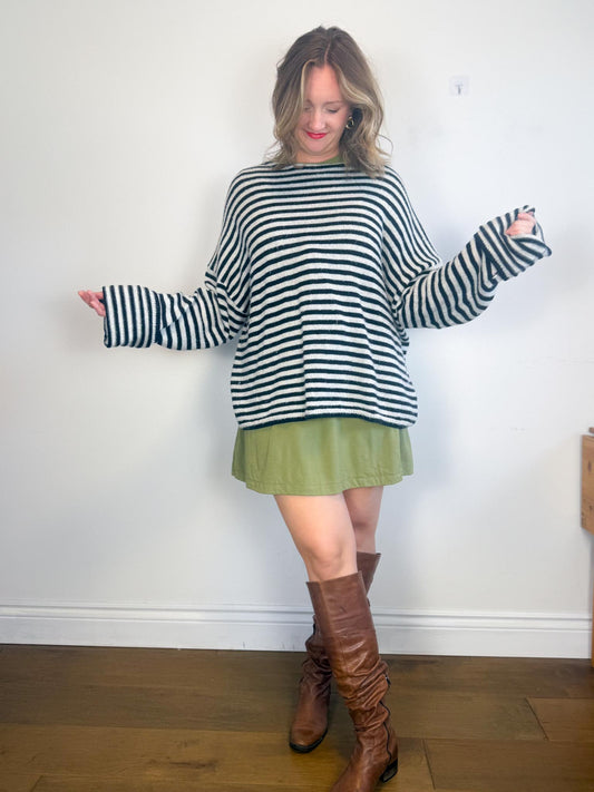 ALLSAINTS "Striped Oversized Casso Sweater in White/Black Stripe" (Size XL)