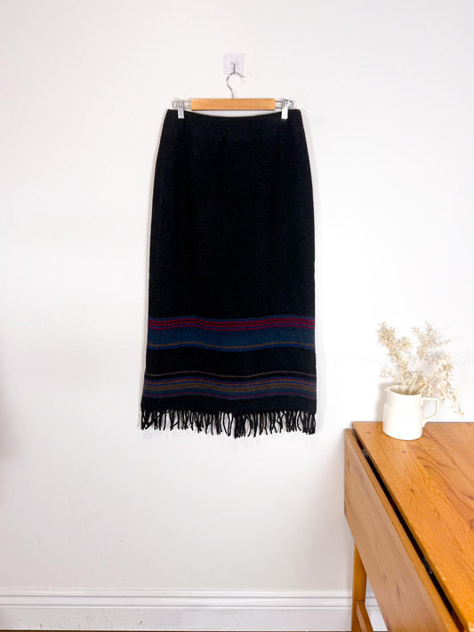 Vintage Wool Blend Midi Skirt with Fringe (Size M/L)