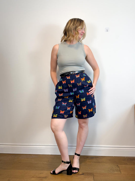 Vintage Bardehle Long Shorts in Navy Butterfly Print (Size M/L)