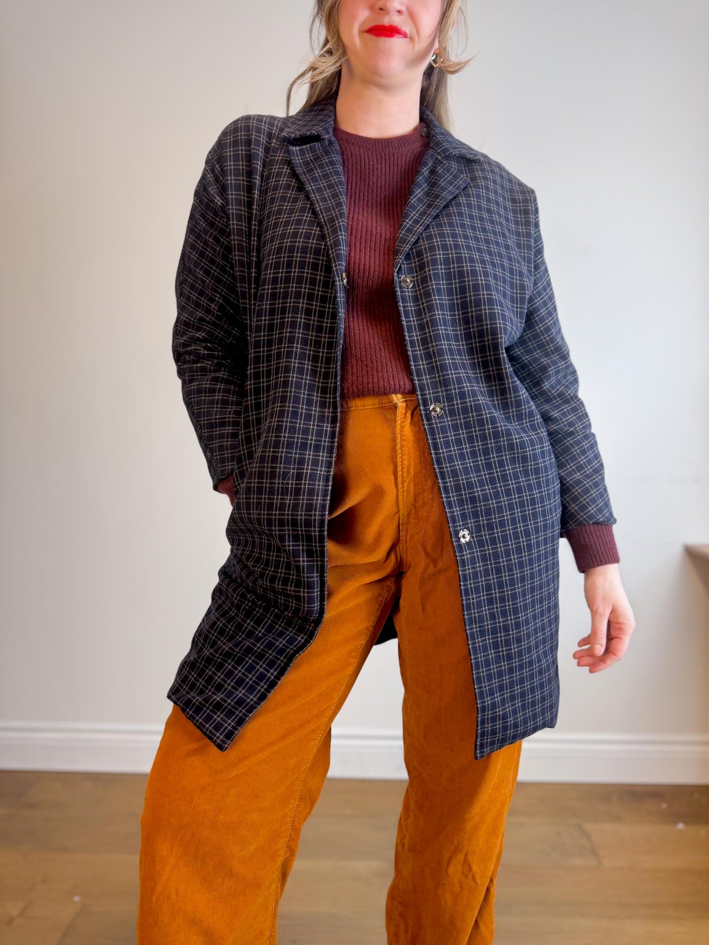 THE GREAT "The Tour Flannel Coat in Navy Checked Twill" (Size S/M)
