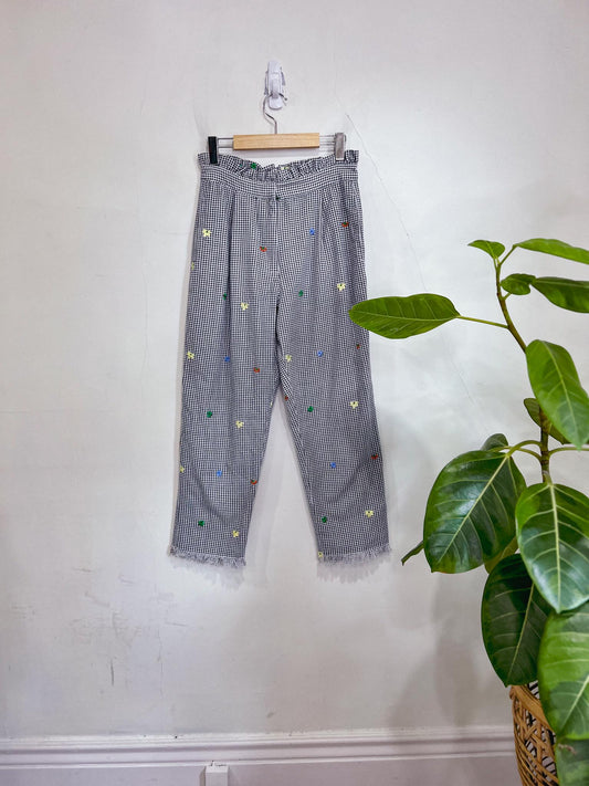 Topshop Navy Gingham Pants with Floral Embroidery (Size 6)