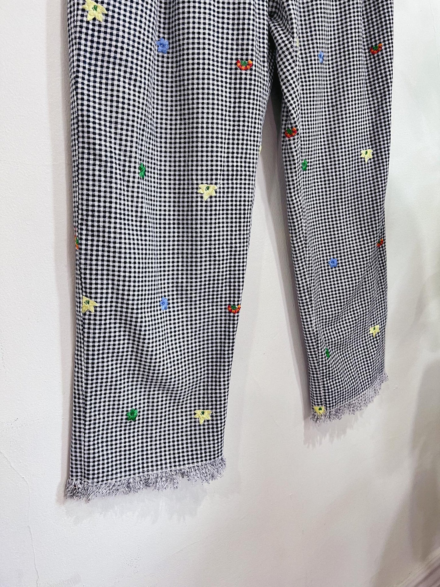 Topshop Navy Gingham Pants with Floral Embroidery (Size 6)