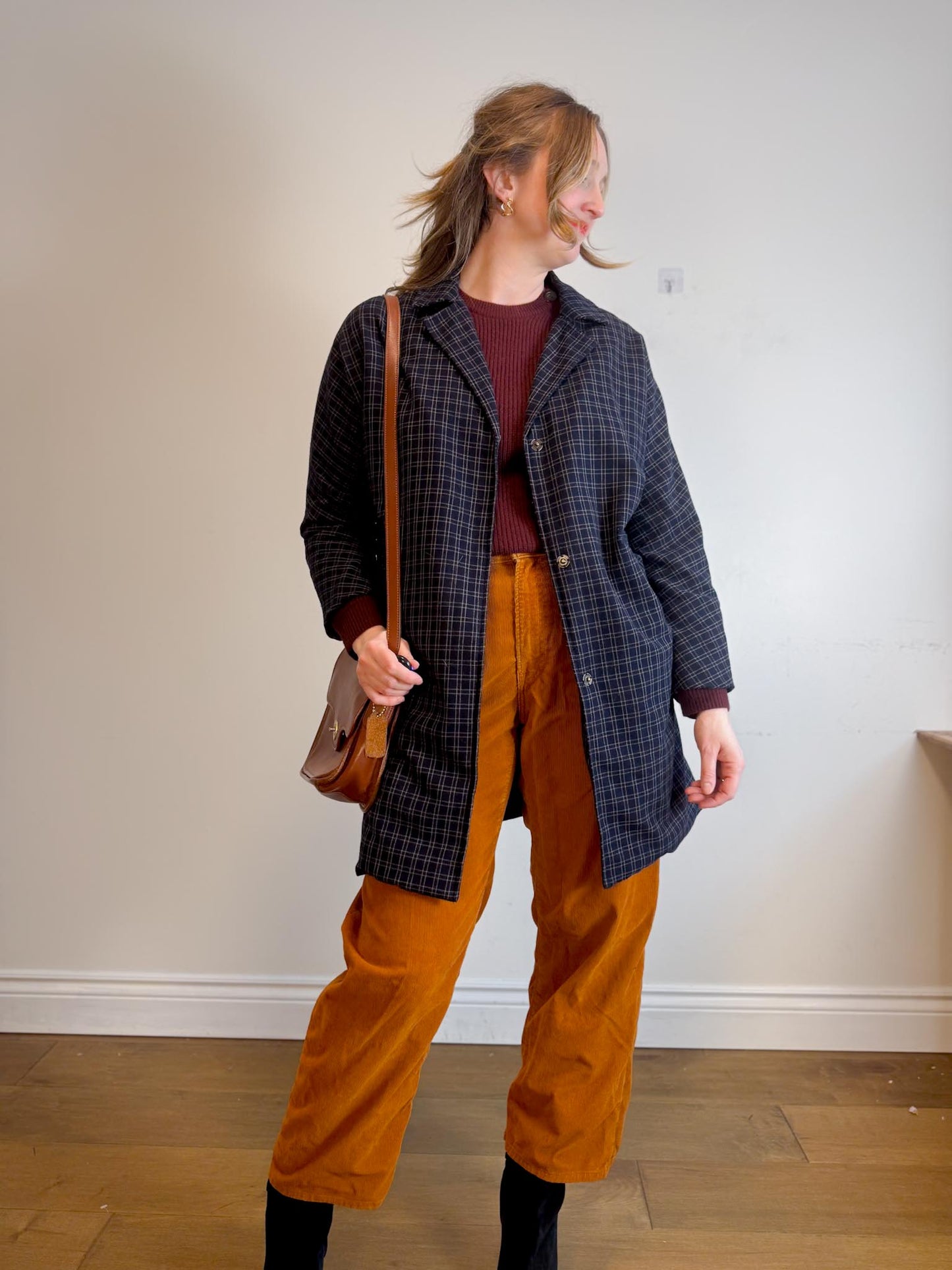 THE GREAT "The Tour Flannel Coat in Navy Checked Twill" (Size S/M)