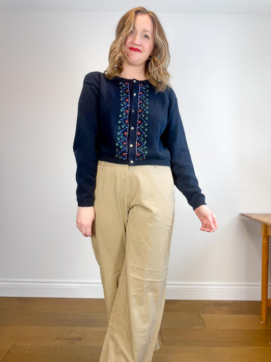 Vintage Liz Wear Bejeweled Cropped Cardigan in Navy (Size M/L)