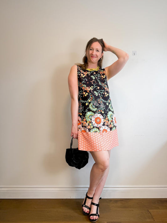 Alice + Olivia "Keaton Crewneck Mixed Floral Minidress In Black" (Size 14)