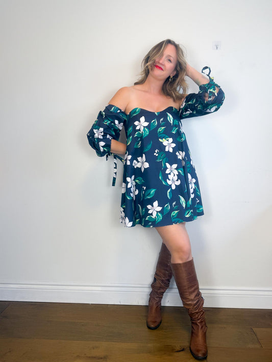 Caroline Constas Designer "Gabrielle Floral Strapless Mini Dress in Navy (Size L)