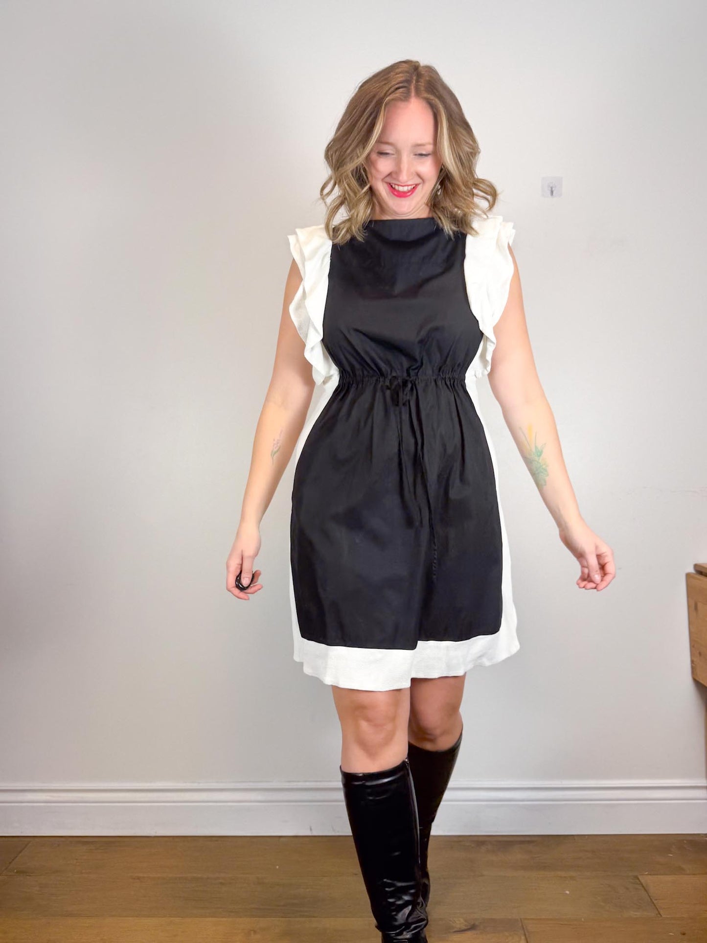 See by Chloe Designer Midi Dress in Black with White Ruffle (Size L)