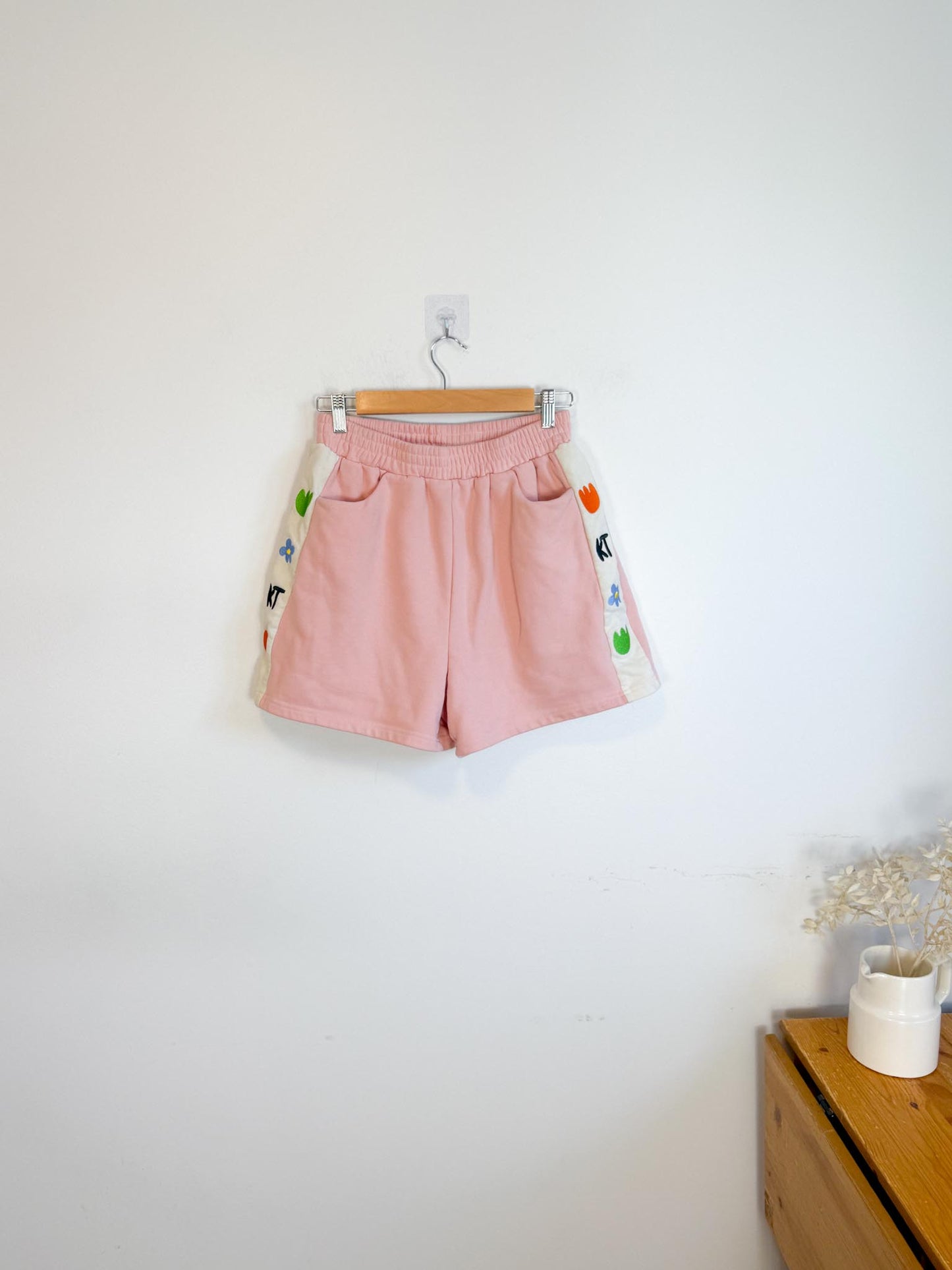 Kina & Tam Embroidered Doodle Lounge Shorts in Pink (Size M)