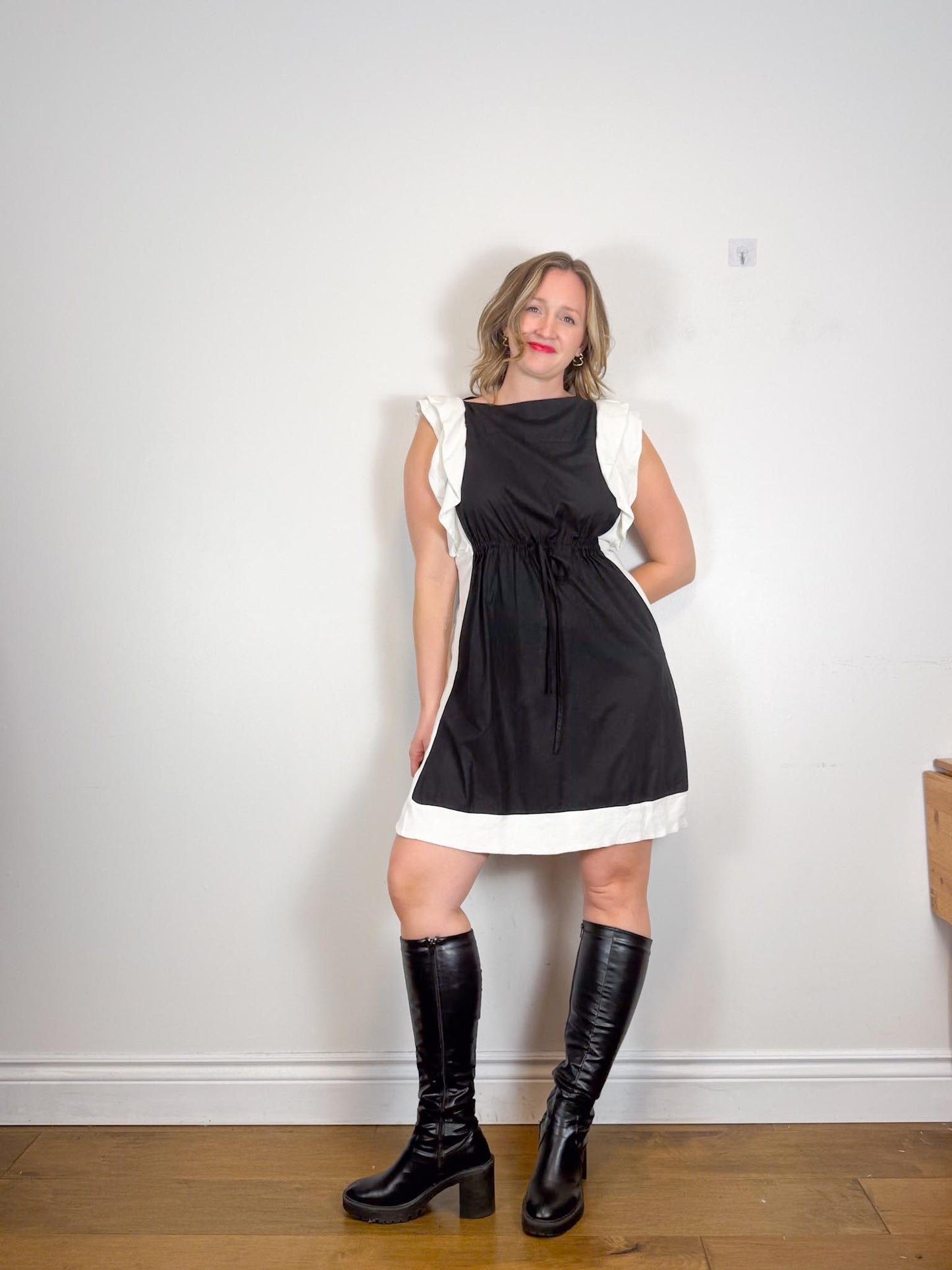 See by Chloe Designer Midi Dress in Black with White Ruffle (Size L)