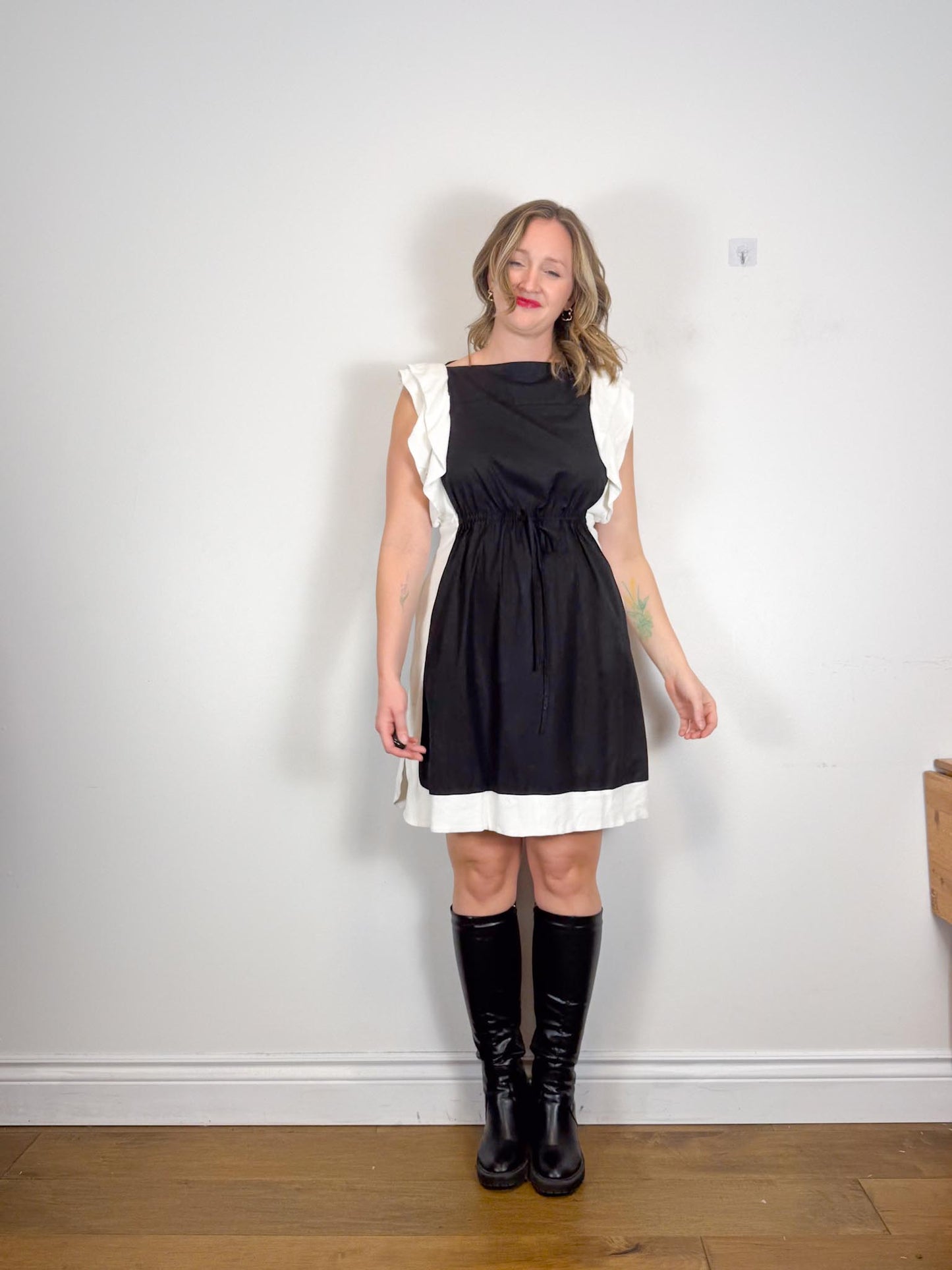 See by Chloe Designer Midi Dress in Black with White Ruffle (Size L)