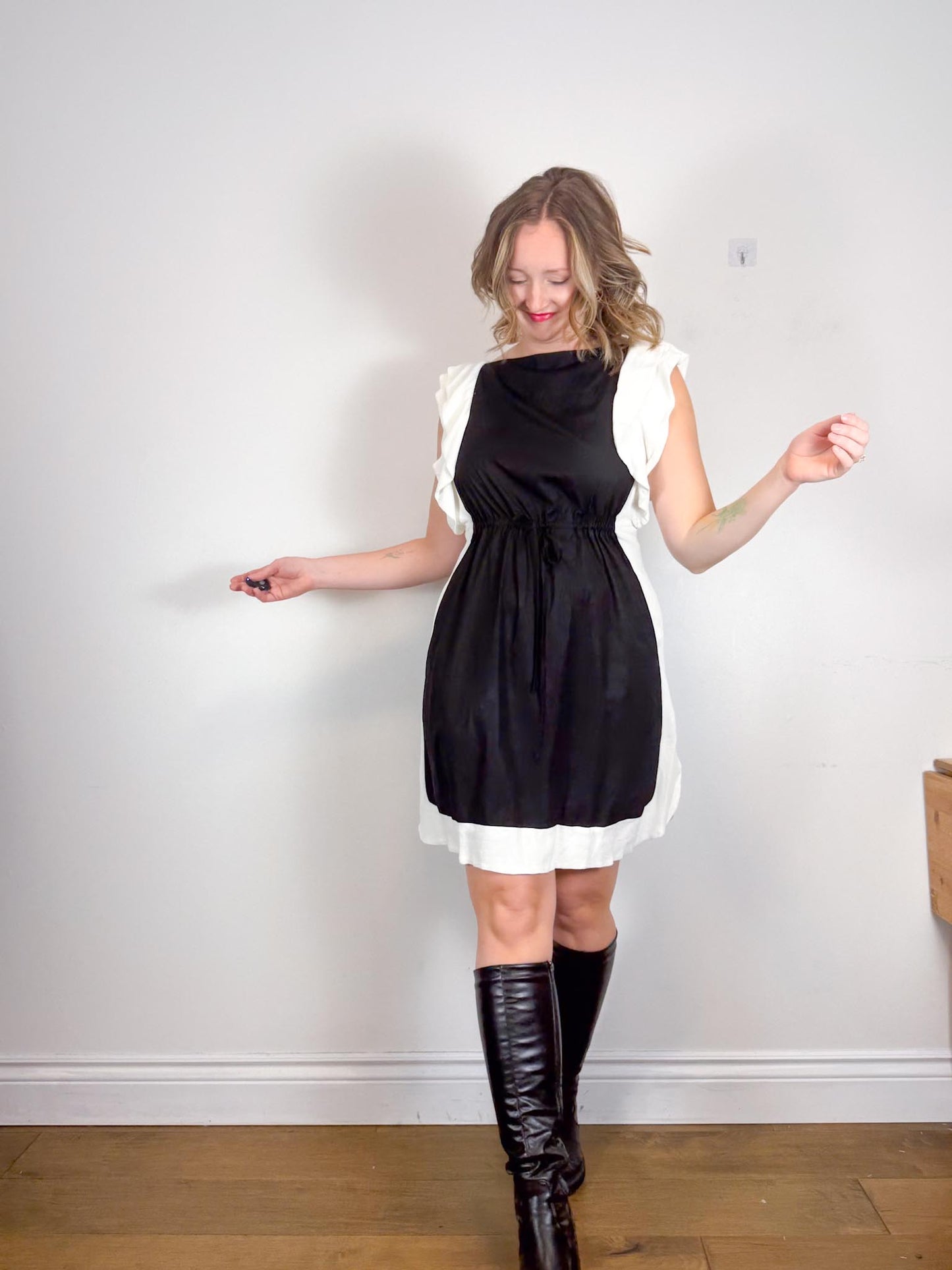 See by Chloe Designer Midi Dress in Black with White Ruffle (Size L)