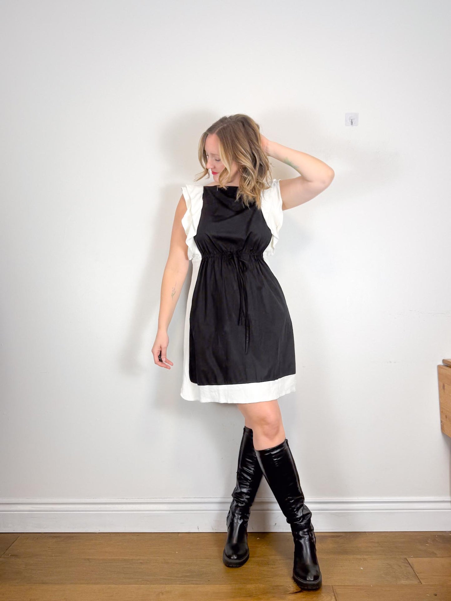 See by Chloe Designer Midi Dress in Black with White Ruffle (Size L)