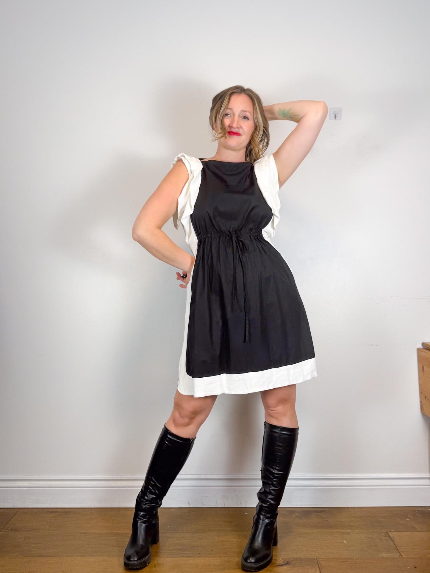 See by Chloe Designer Midi Dress in Black with White Ruffle (Size L)