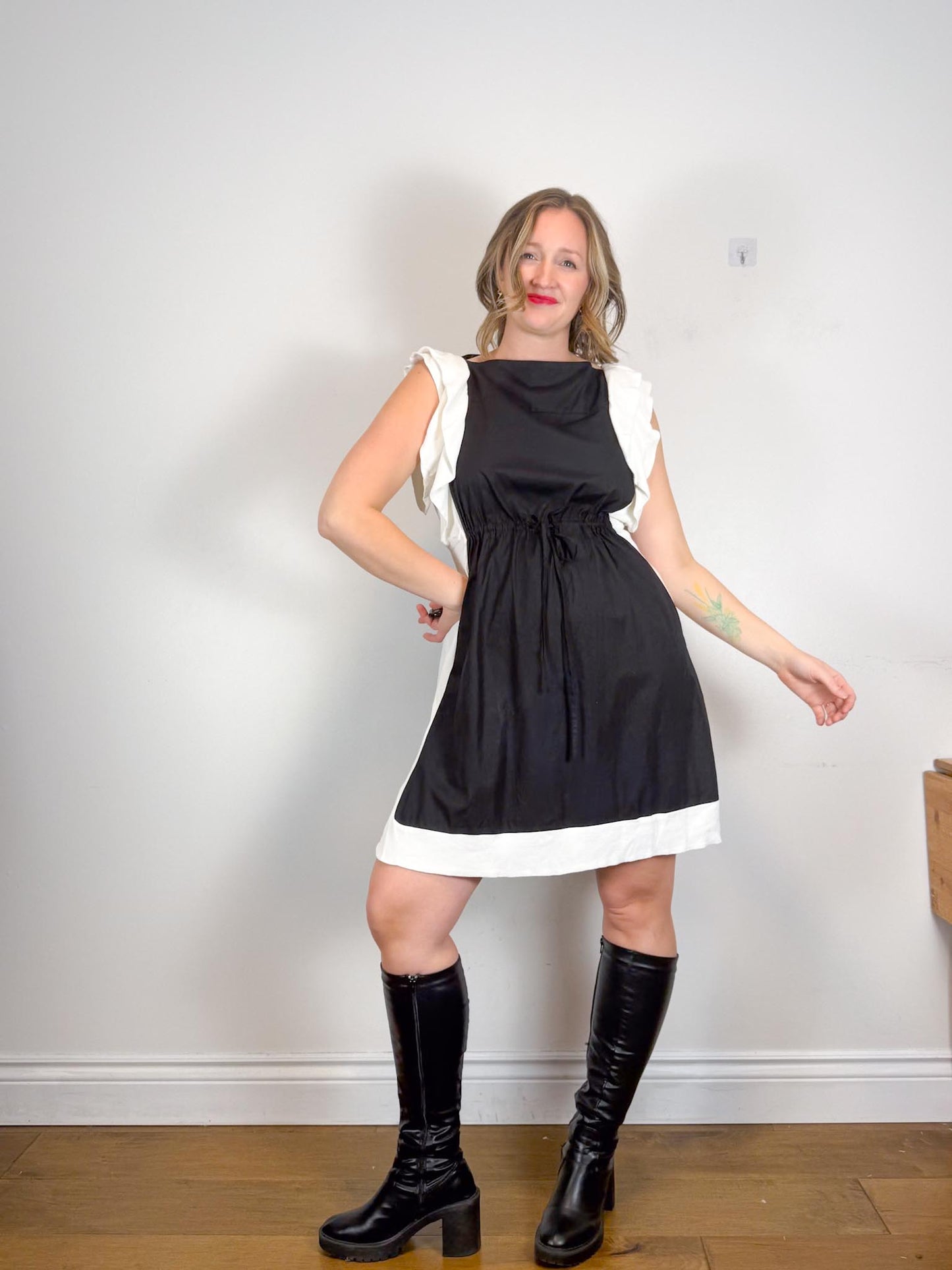 See by Chloe Designer Midi Dress in Black with White Ruffle (Size L)