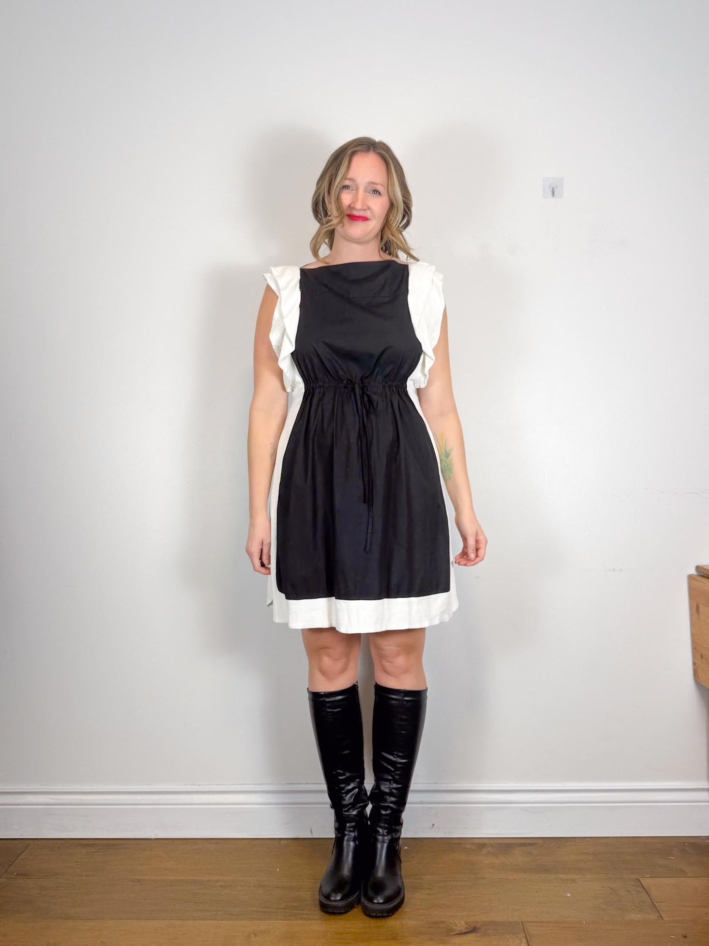 See by Chloe Designer Midi Dress in Black with White Ruffle (Size L)