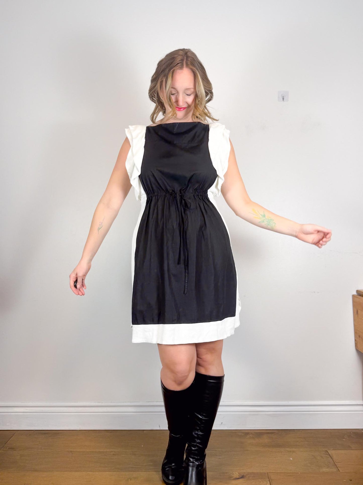 See by Chloe Designer Midi Dress in Black with White Ruffle (Size L)