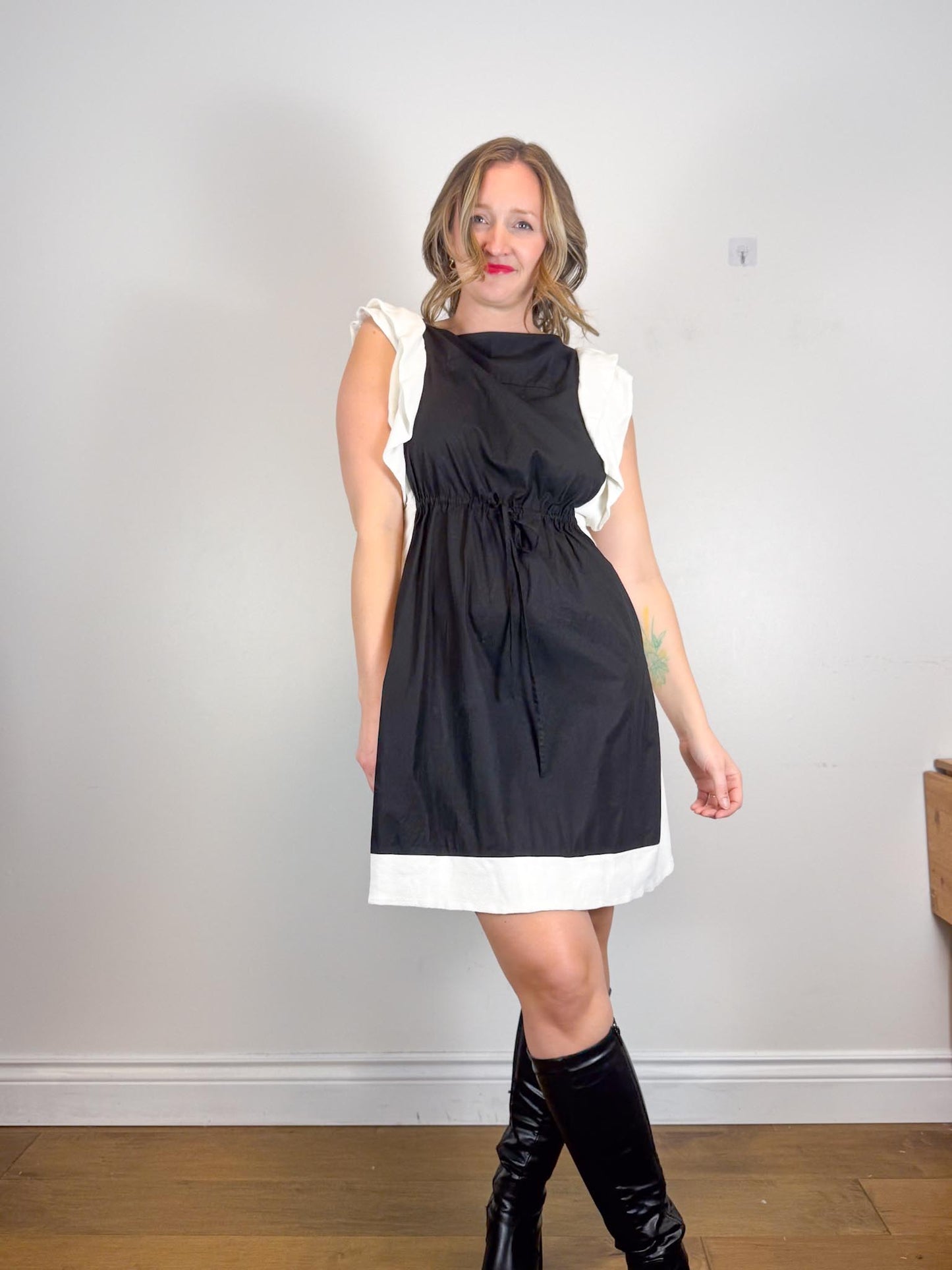 See by Chloe Designer Midi Dress in Black with White Ruffle (Size L)