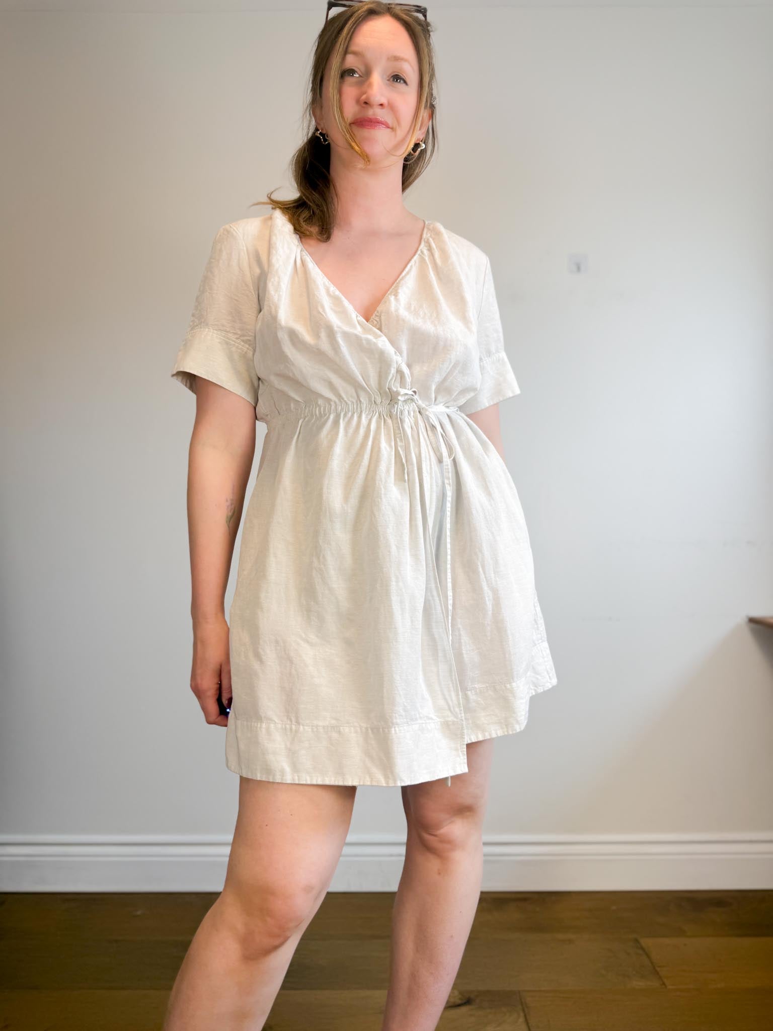 COS "Mini Linen-Blend Wrap Dress in Oatmeal" (Size S-M) Middle Child Vintage Shop COS "Mini Linen-Blend Wrap Dress in Oatmeal" (Size S-M) Middle Child Vintage Shop