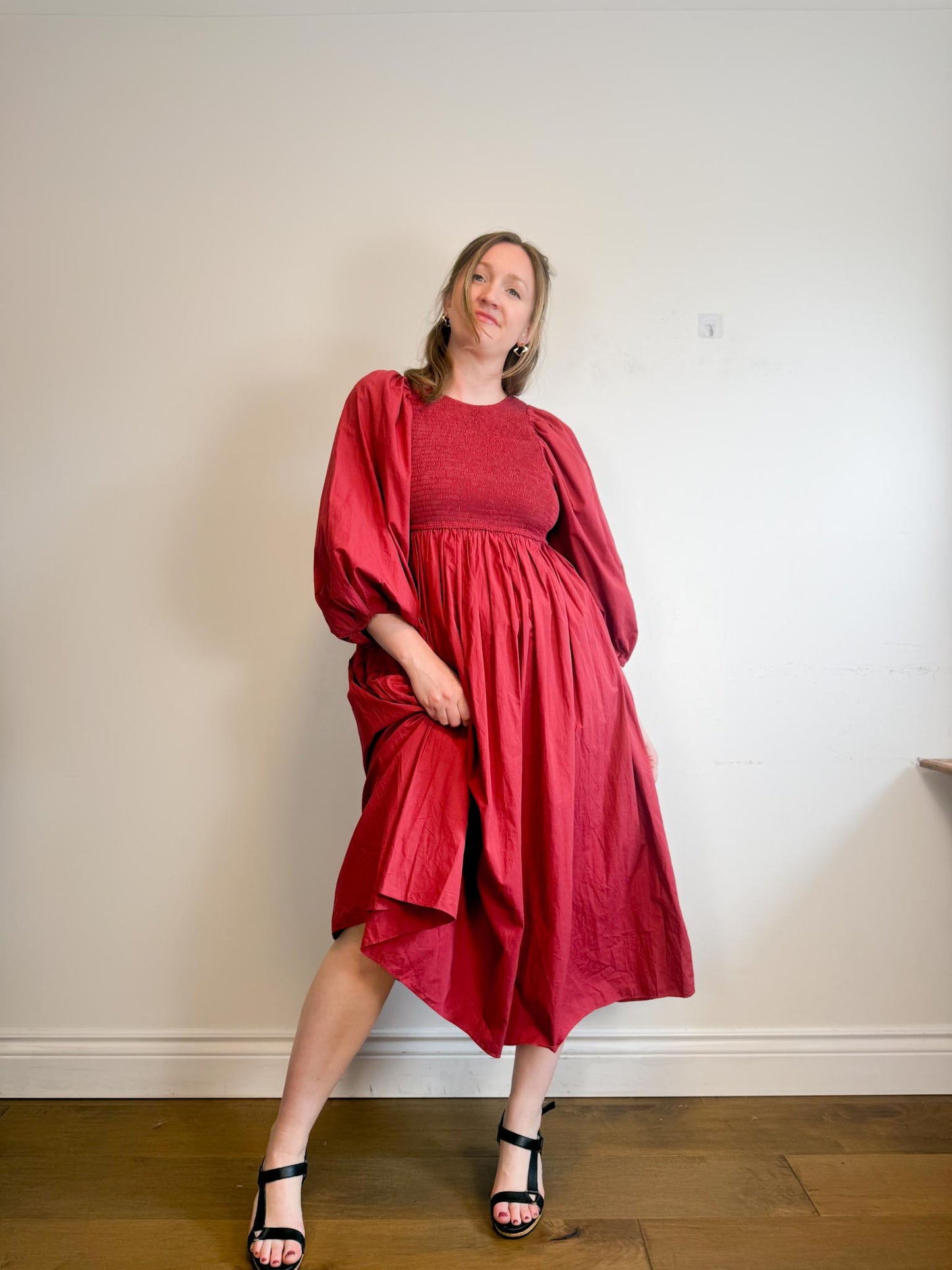 Anthropologie RHODE Puff Sleeve Dress in Burgundy (Size M/L)